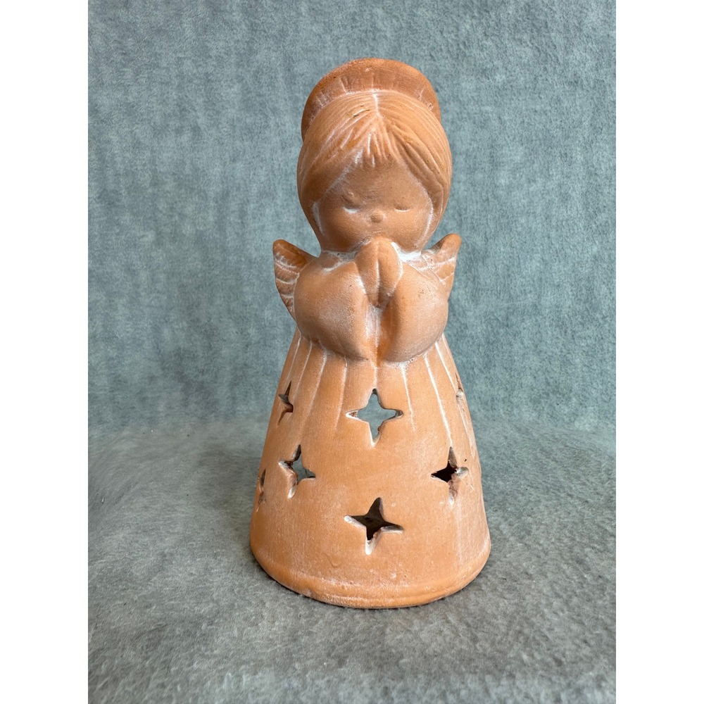 Praying Angel Terra Cotta Candle Holder Votive Star Cutouts Tea Lite 6" Figurine